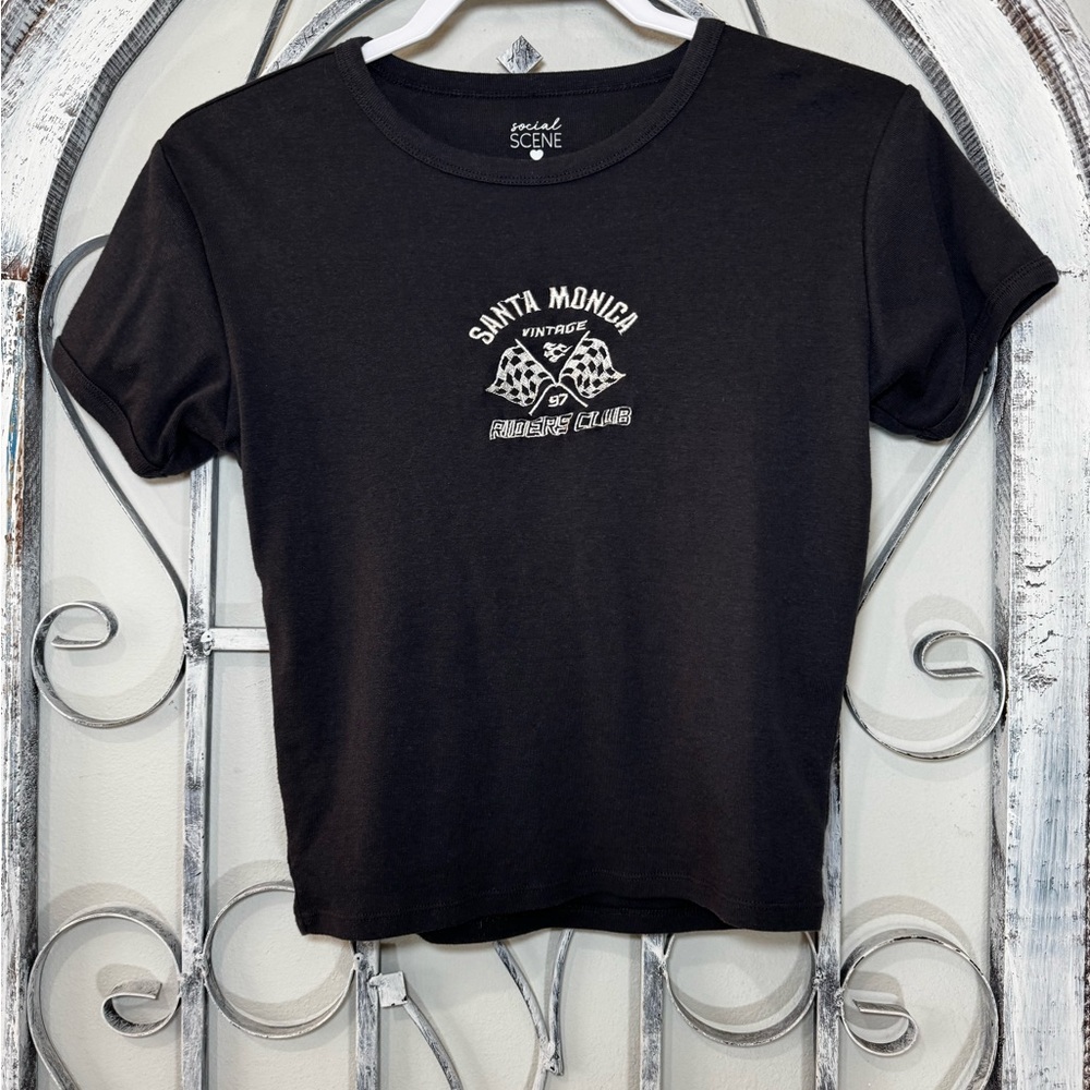Black Cropped Graphic Tee with Santa Monica Stitching & Graphic Back #1584